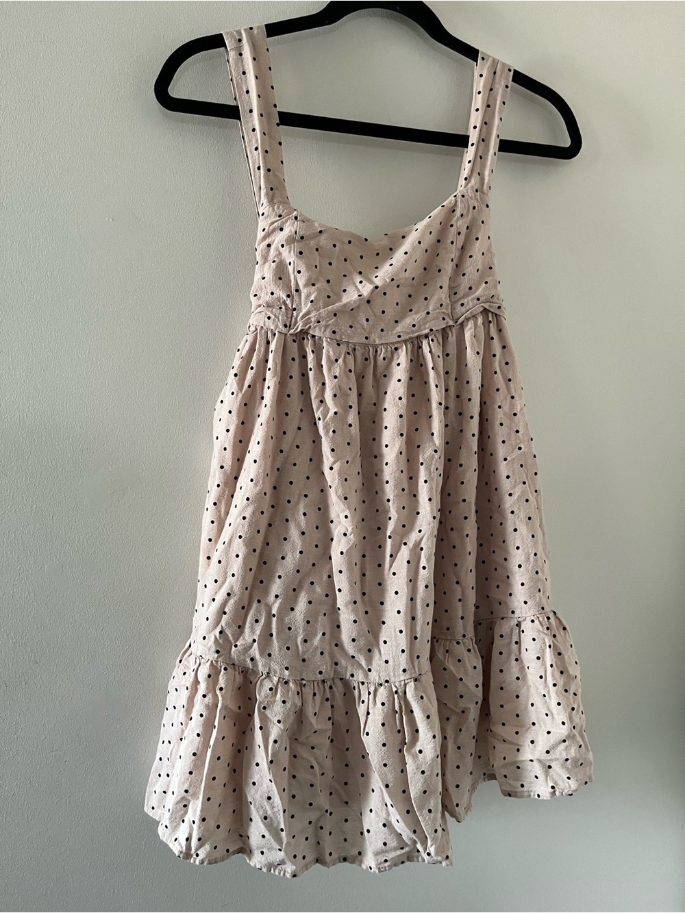 Cotton Cream Black Polka Dot Babydoll Mini Dress Small Coquette Tie Back